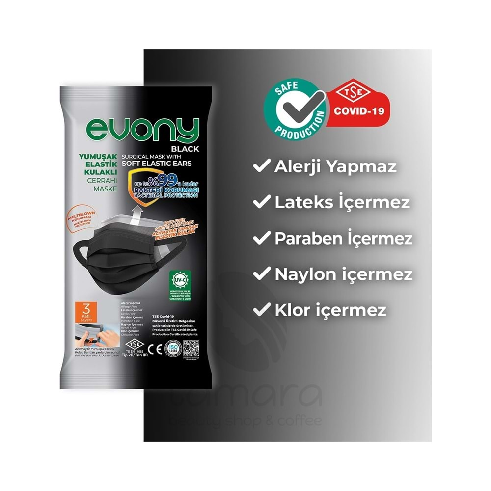 Evony Black Elastik Kulaklı Siyah Maske 10'lu