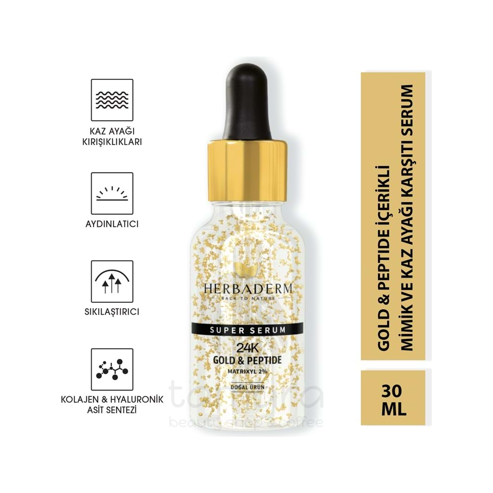 Herbaderm Süper Serum (24K Gold&Peptide Matrixyl %2) Mimik ve Kaz Ayağı Karşıtı 30 Ml