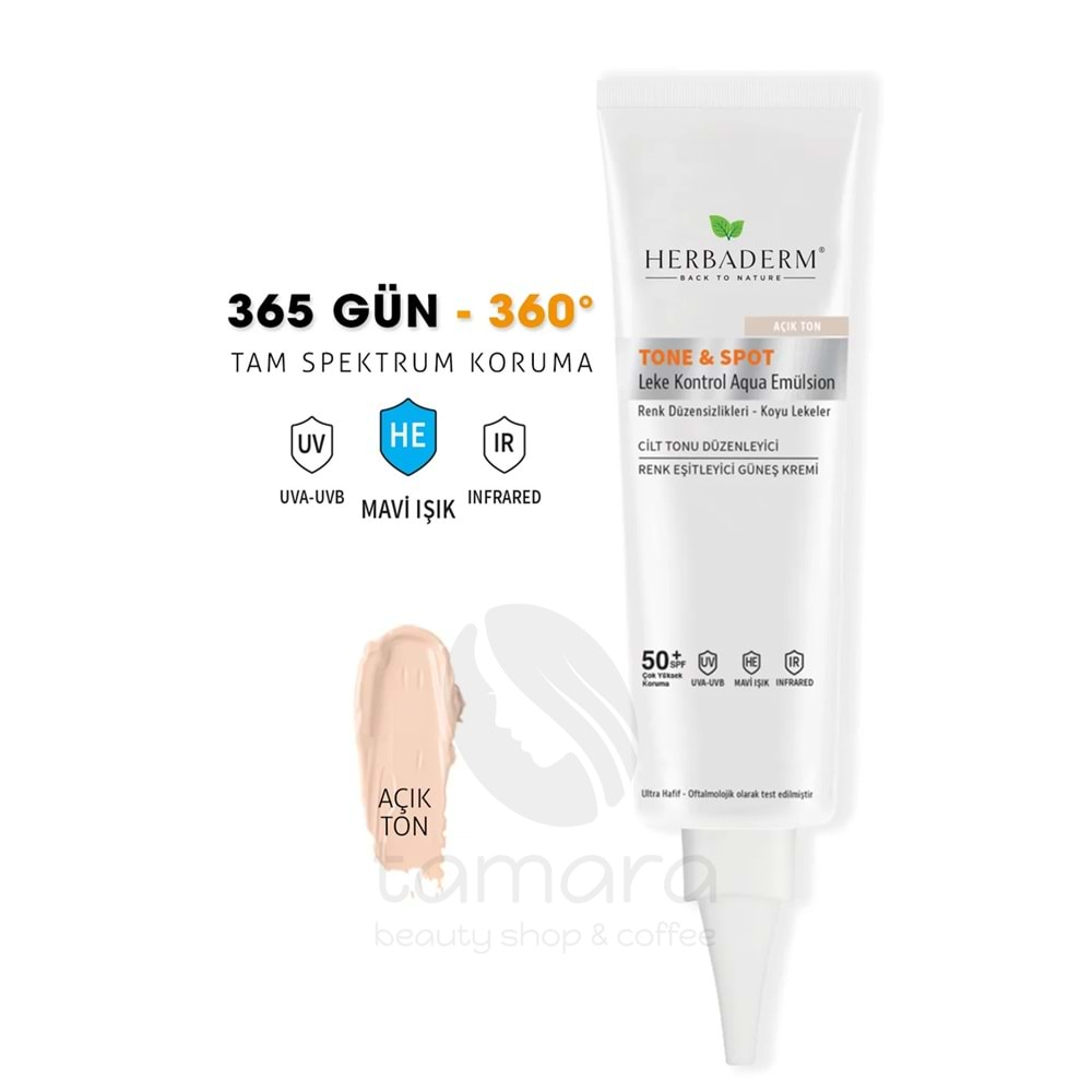 Herbaderm Tone & Spot, Lekeli Ciltler için Nemlendirici Güneş Kremi, 50+SPF