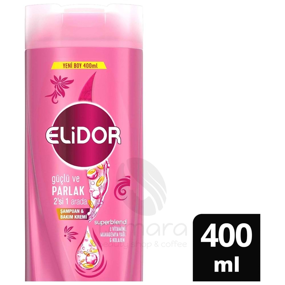 Elidor Superblend 2'si 1 Arada Şampuan ve Saç Bakım Kremi Güçlü ve Parlak E Vitamini Makademya Yağı 400 ml