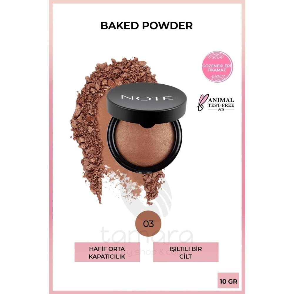 Note Baked Powder Işıltılı Bitişli Highlighter Toz Yüz Pudrası 03 Caramel Cake