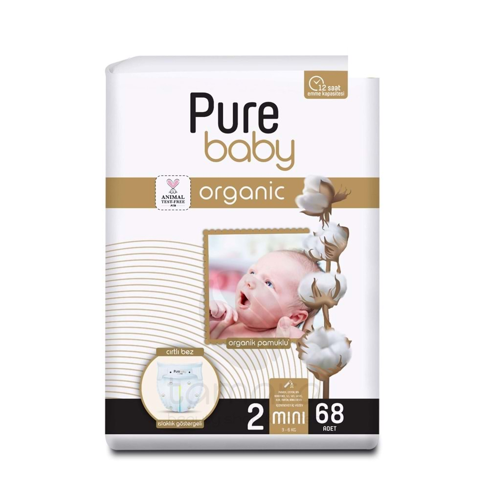 Pure Baby Organik Pamuklu Cırtlı Bez Tekli Paket 2 Numara Mini 68 Adet