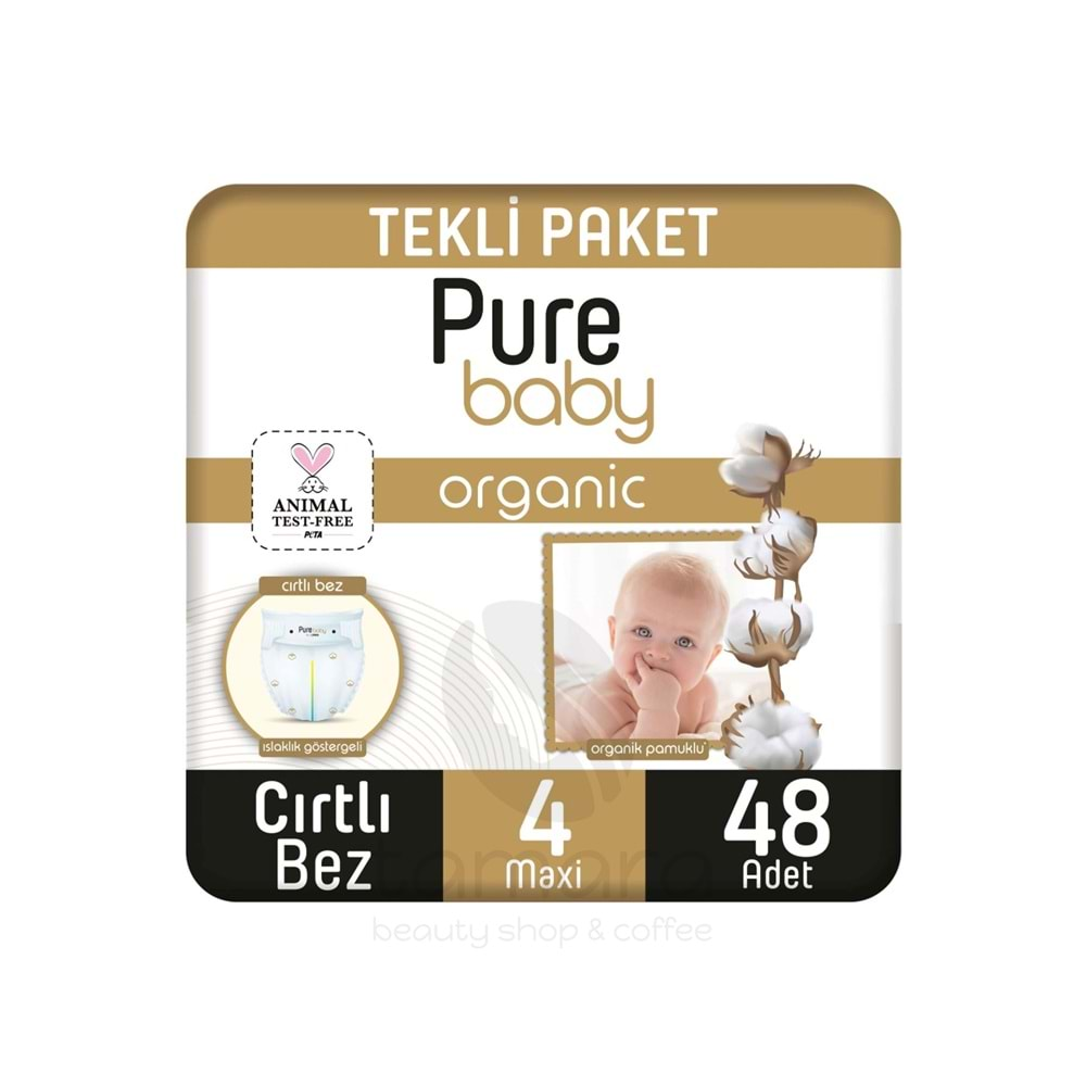 Pure Baby Organik Pamuklu Cırtlı Bez Tekli Paket 4 Numara Maxi 48 Adet