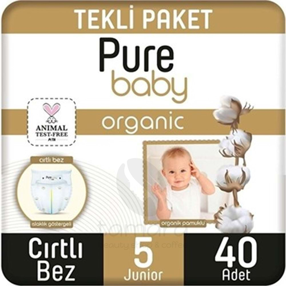 Pure Baby Organik Pamuklu Cırtlı Bez Tekli Paket 5 Numara Junior 40 Adet