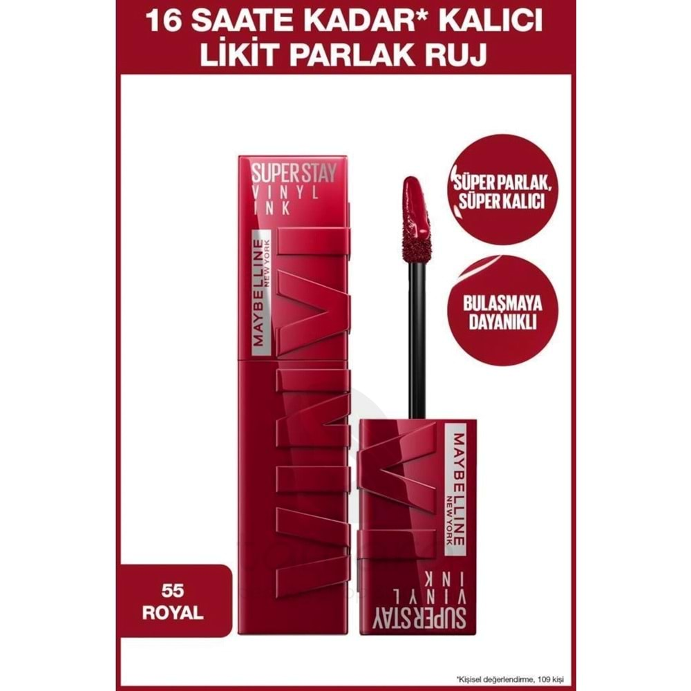 Maybelline New York Super Stay Vinyl Ink Uzun Süre Kalıcı Likit Parlak Ruj 55 Royal