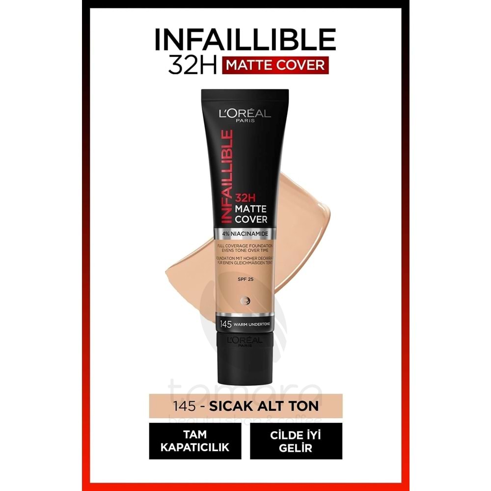 Loreal Paris Infaillible 32h Matte Cover Yüksek Kapatıcı Fondöten - 145 Sıcak Alt Ton