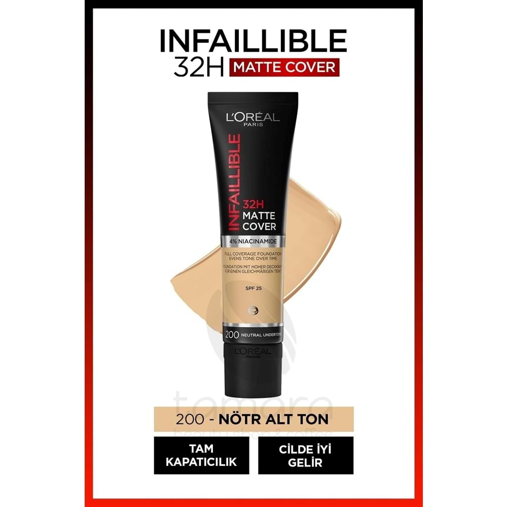 Loreal Paris Infaillible 32h Matte Cover Yüksek Kapatıcı Fondöten - 200 Nötr Alt Ton