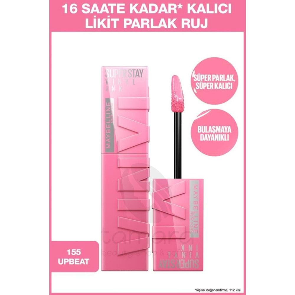 Maybelline New York Super Stay Vinyl Ink Uzun Süre Kalıcı Likit Parlak Ruj 155 Upbeat