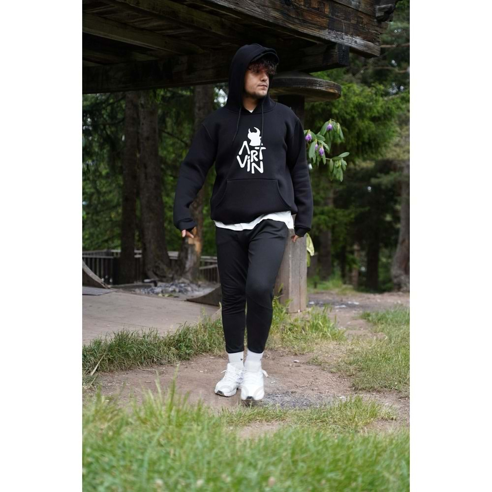 Artvin Logo Baskılı Kapüşonlu Sweatshirt / Siyah XS Beden