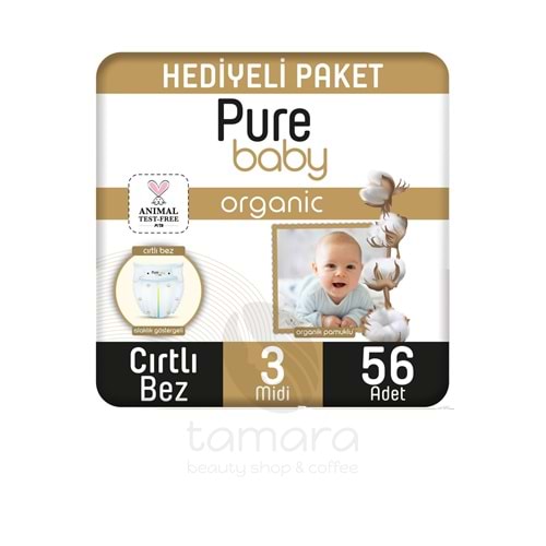 Pure Baby Organic Cırtlı Bez 3 Numara Midi 56 Adet