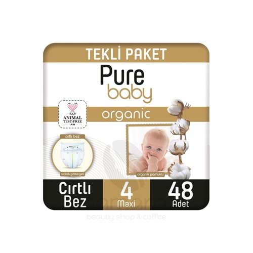 Pure Baby Organik Pamuklu Cırtlı Bez Tekli Paket 4 Numara Maxi 48 Adet