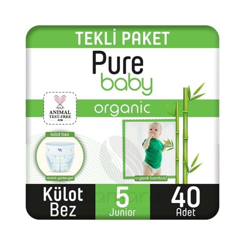 Pure Baby Organik Bambu Özlü Külot Bez Tekli Paket 5 Numara Junior 40 Adet
