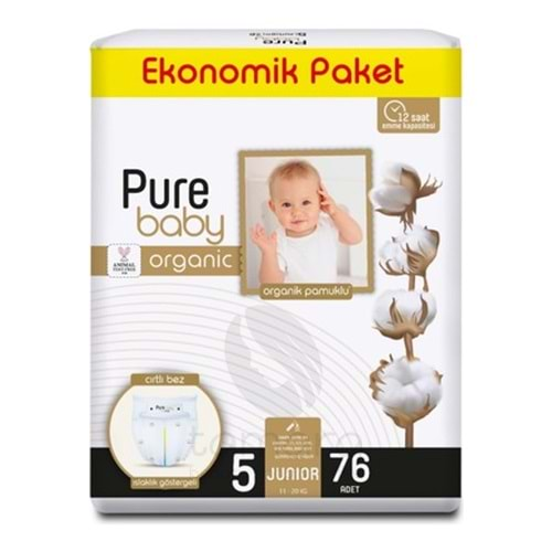 Pure Baby Organik Pamuklu Cırtlı Bez Ekonomik Paket 5 Numara Junior 76 Adet