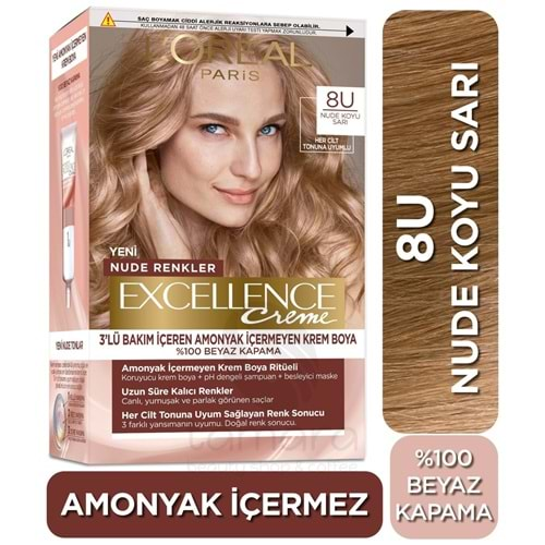 Loreal Paris Excellence Creme Nude Renkler Saç Boyası – 8u Nude Koyu Sarı