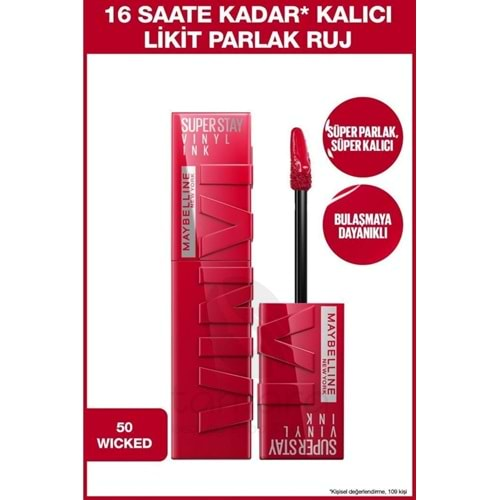 Maybelline New York Super Stay Vinyl Ink Uzun Süre Kalıcı Likit Parlak Ruj 50 Wicked