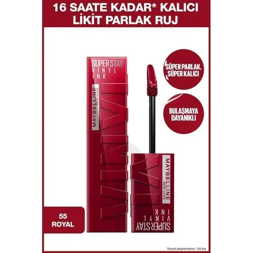 Maybelline New York Super Stay Vinyl Ink Uzun Süre Kalıcı Likit Parlak Ruj 55 Royal