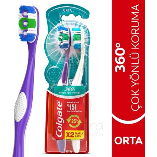 Colgate 360 Komple Ağız Temizliği Çok Yönlü Koruma Orta Diş Fırçası 1+1