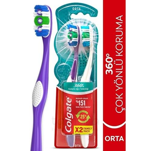 Colgate 360 Optik Beyaz Dil ve Yanak Temizleyicili Orta Beyazlatıcı Diş Fırçası 1+1