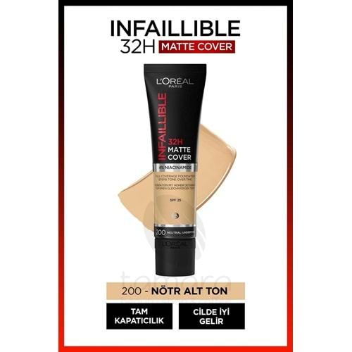 Loreal Paris Infaillible 32h Matte Cover Yüksek Kapatıcı Fondöten - 200 Nötr Alt Ton