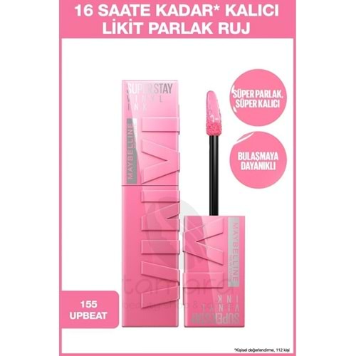 Maybelline New York Super Stay Vinyl Ink Uzun Süre Kalıcı Likit Parlak Ruj 155 Upbeat