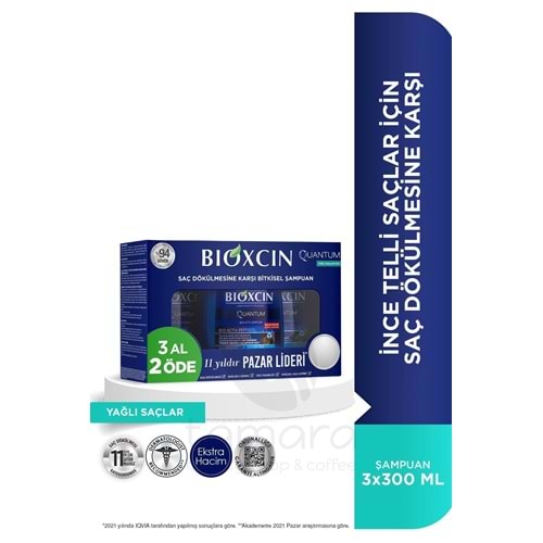 Bioxcin Quantum Şampuan 3 Al 2 Öde Yağlı Saçlar Için 3x300 Ml - Ince Telli Saçlar Için Dökülme Şampuanı