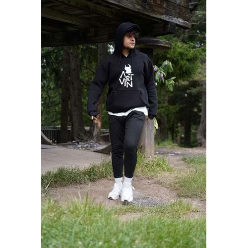 Artvin Logo Baskılı Kapüşonlu Sweatshirt / Siyah XS Beden