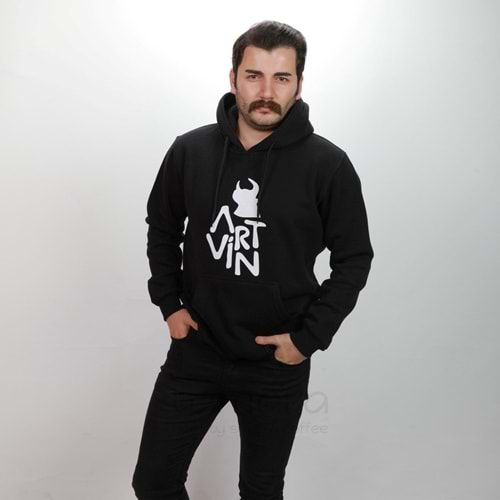 Artvin Logo Baskılı Kapüşonlu Sweatshirt / Siyah XXL Beden