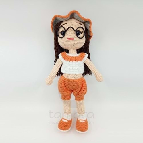 Artvin Amigurumi Organik Örgü Oyuncak Gözlüklü Alya Bebek / Turuncu-Beyaz