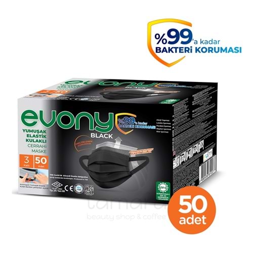 Evony Maske Black Elastik Kulaklı 50 Adet